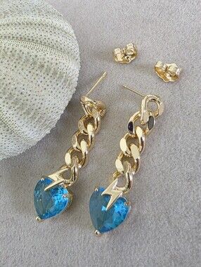 Gold Filled Chain Link Drop Earrings with Blue Heart & Lightning Detail